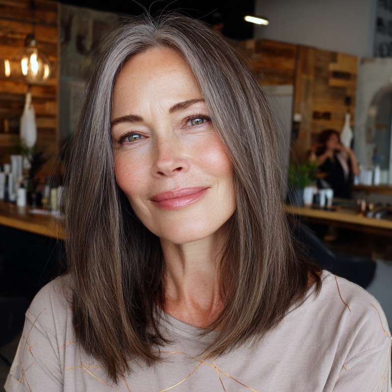 elegant long layered cut with natural highlights