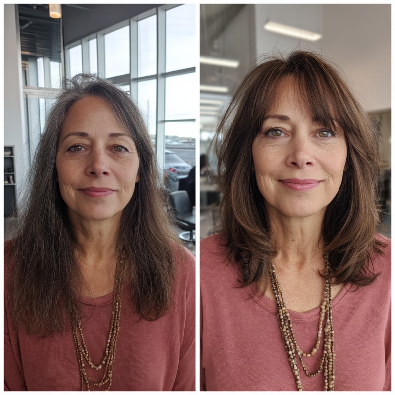 Modern Textured Long Layers with Face-Framing Bangs