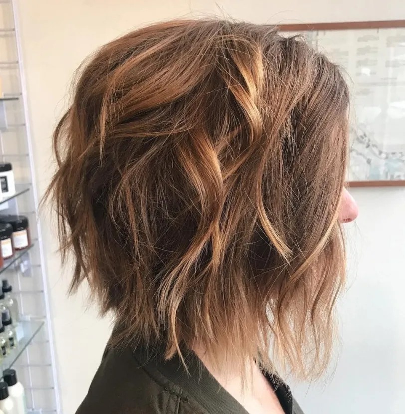Textured Choppy Bob with Warm Caramel Highlights
