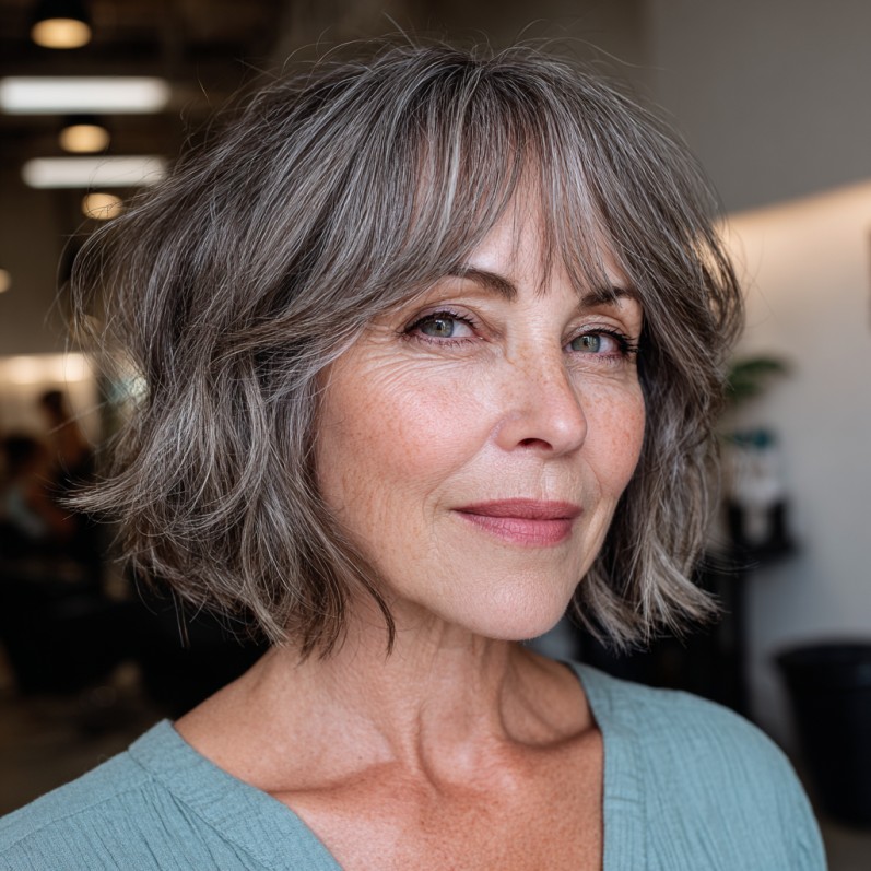 Textured Grey Layered Bob with Soft Bangs