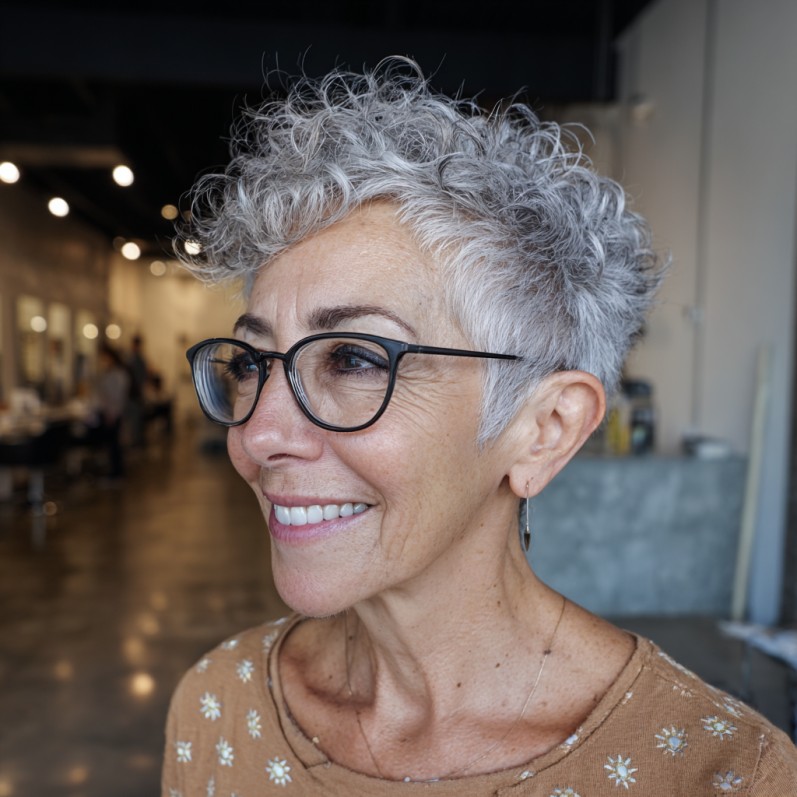 Textured Silver Micro Pixie Cut with Curly Layers