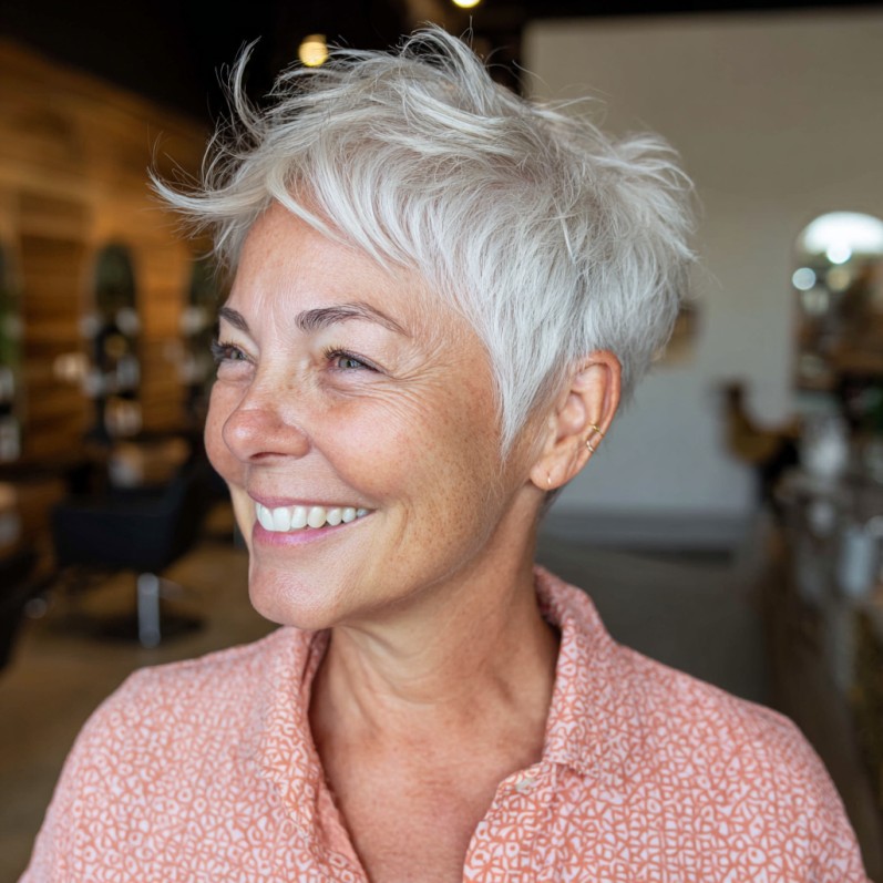 Textured Silver Pixie Cut with Feathered Layers