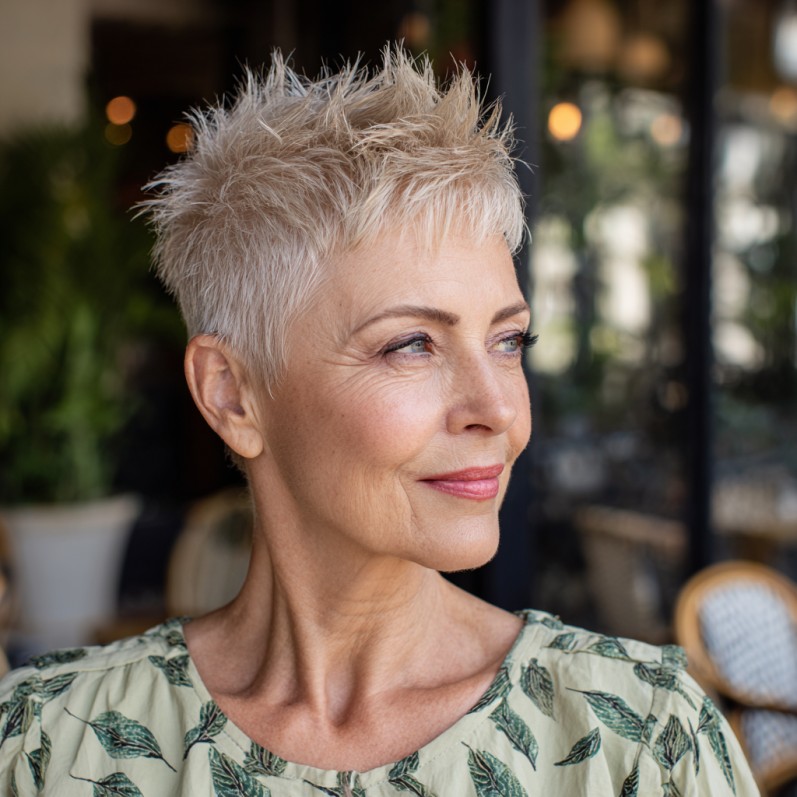 Textured Spiky Pixie Cut with Light Blonde Highlights