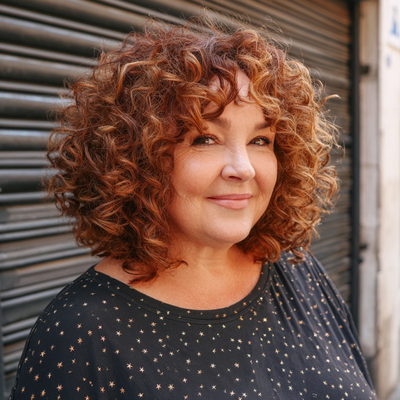 Voluminous Curly Mid-Length Cut with Soft Highlights