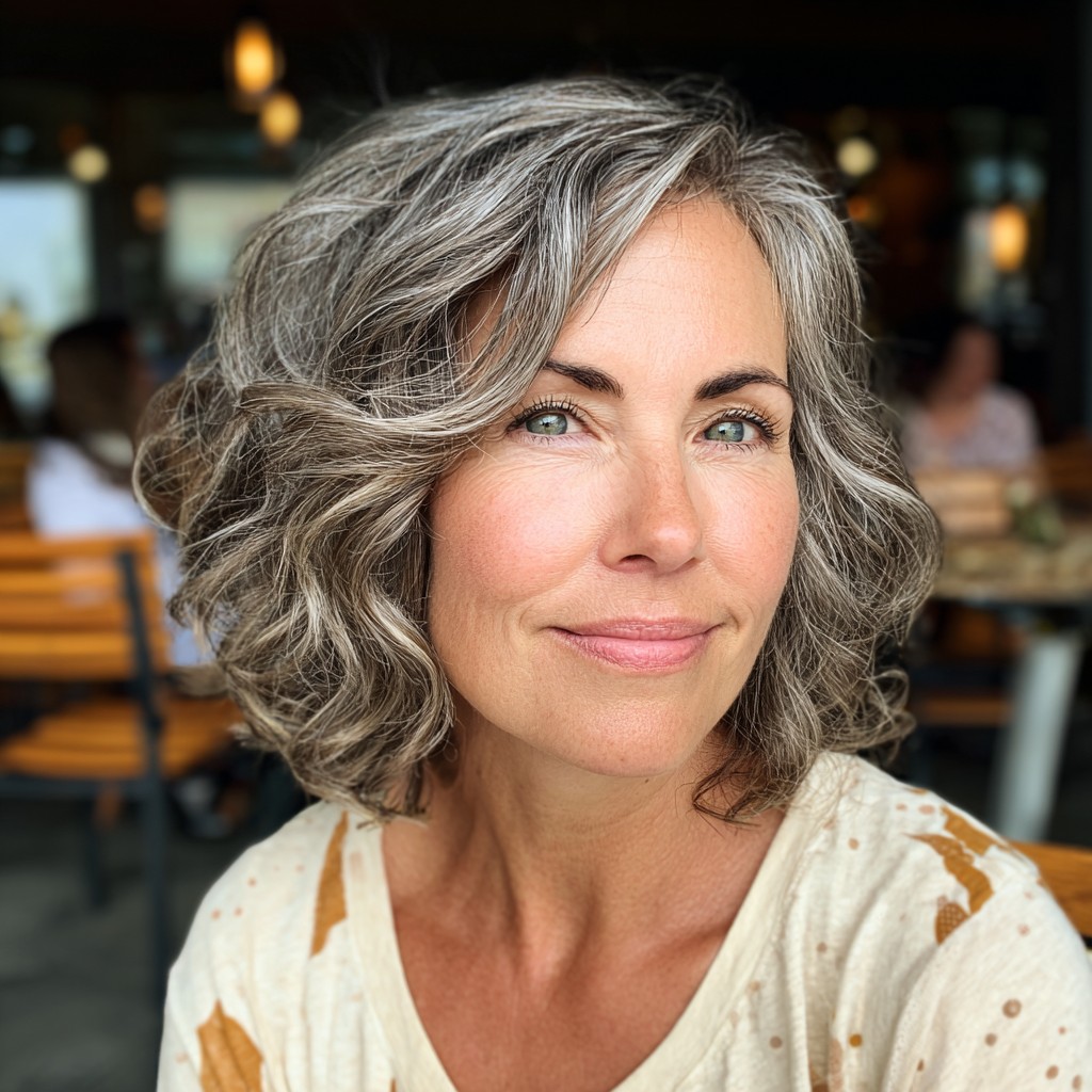 Chic Curly Grey Bob with Soft Natural Waves