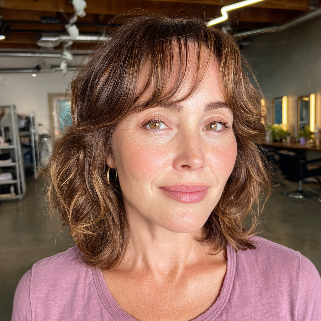 chic curly lob with face framing bangs