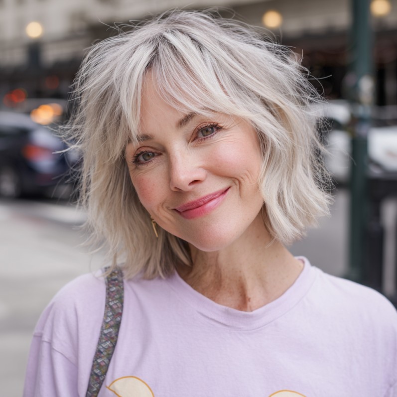 chic layered light blonde bob with soft bangs