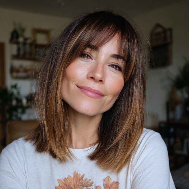 Chic Medium-Length Cut with Soft Bangs and Subtle Highlights