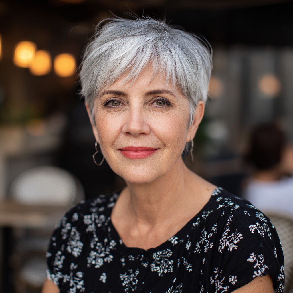 Chic Silver Layered Pixie with Feathered Texture