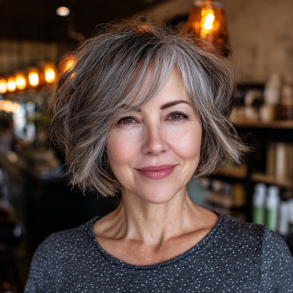 Chic Textured Bob with Subtle Grey Undertones