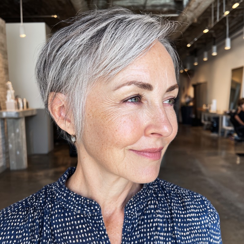 Chic Textured Silver Pixie with Soft Side Swept Bangs