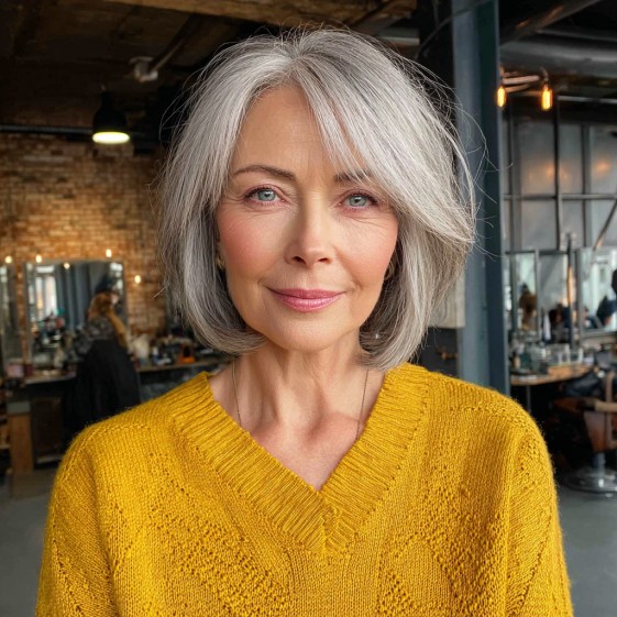 Elegant Silver Lob with Soft Face-Framing Layers