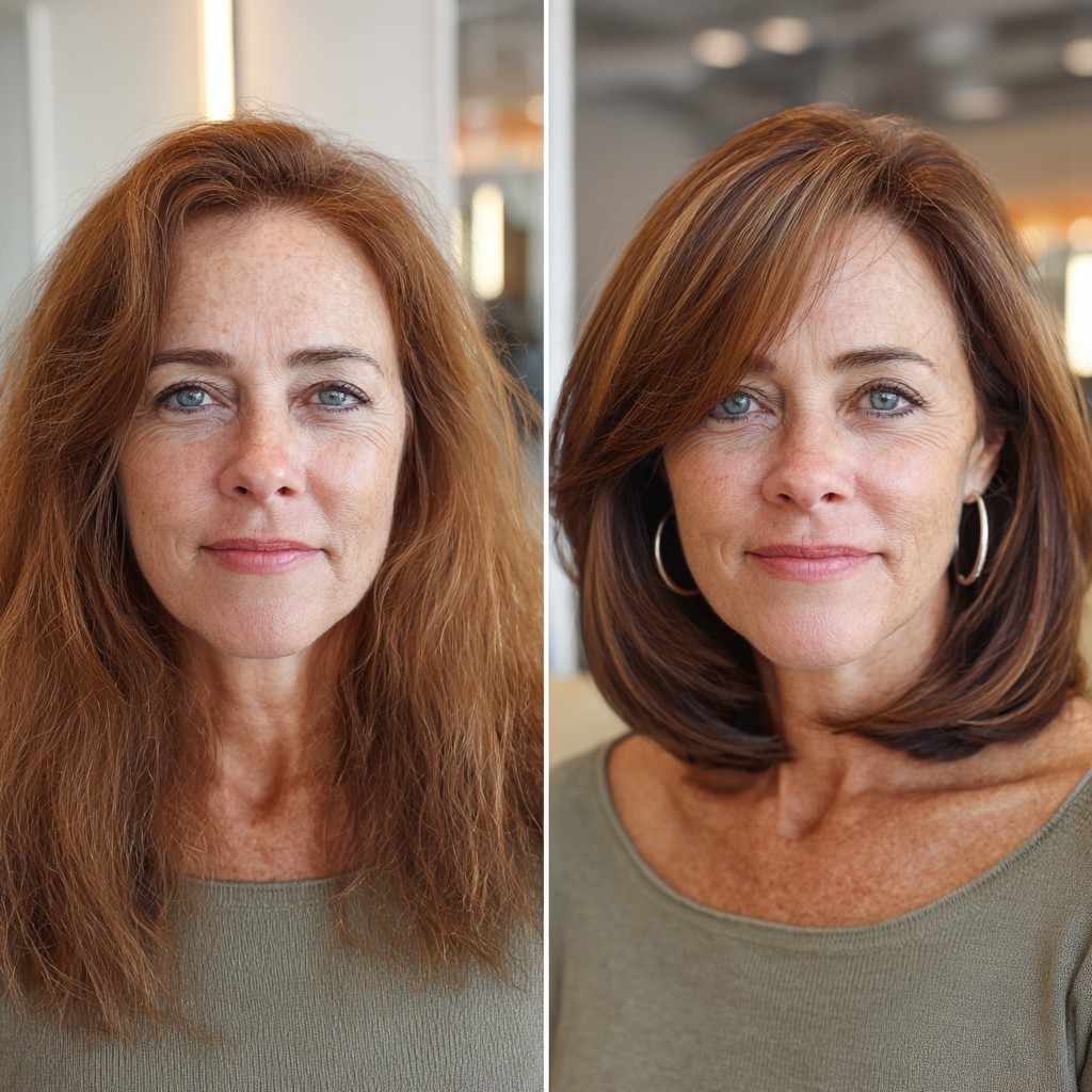 Glossy Chocolate Lob with Long Feathered Bangs