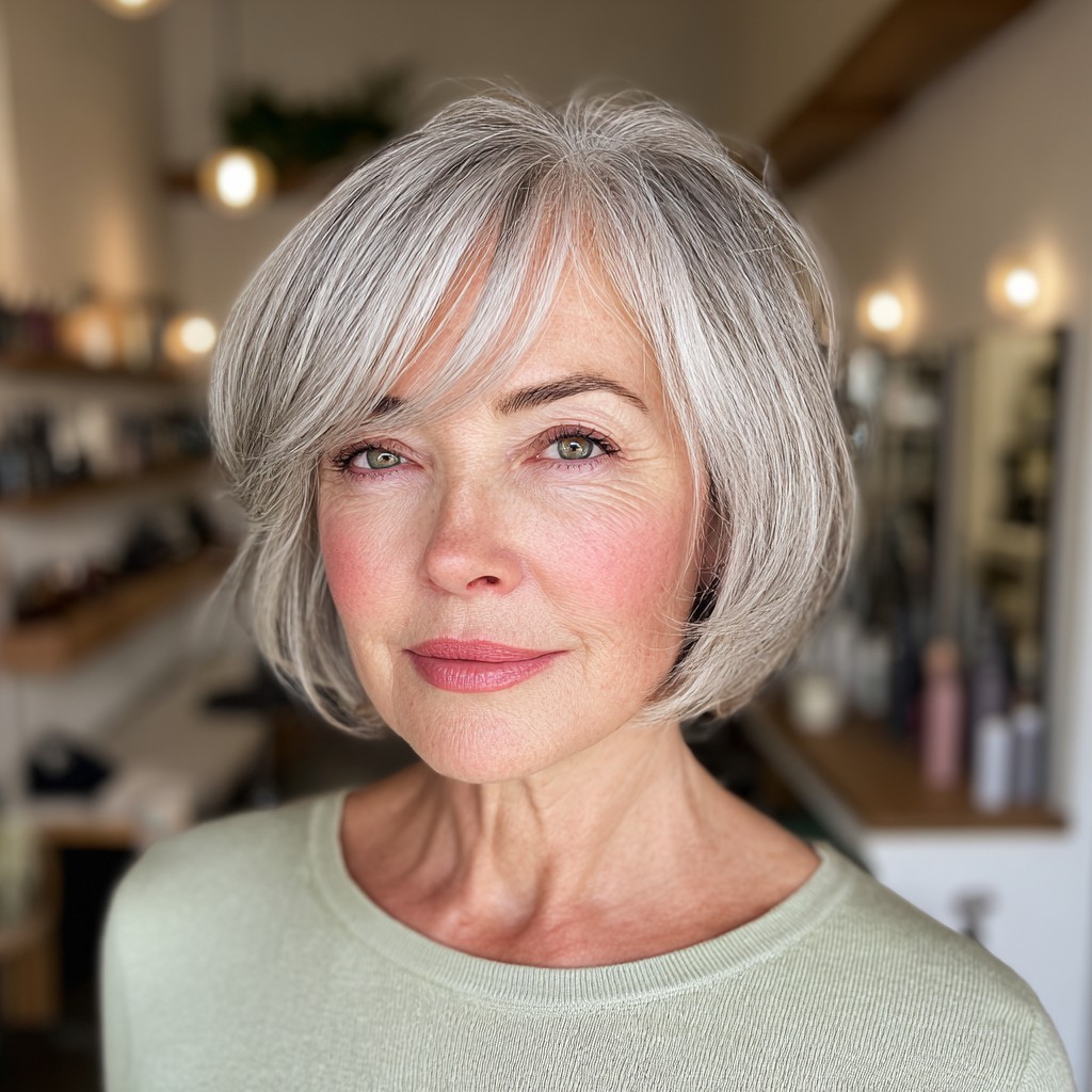 Layered Silver Bob with Soft Side Bangs