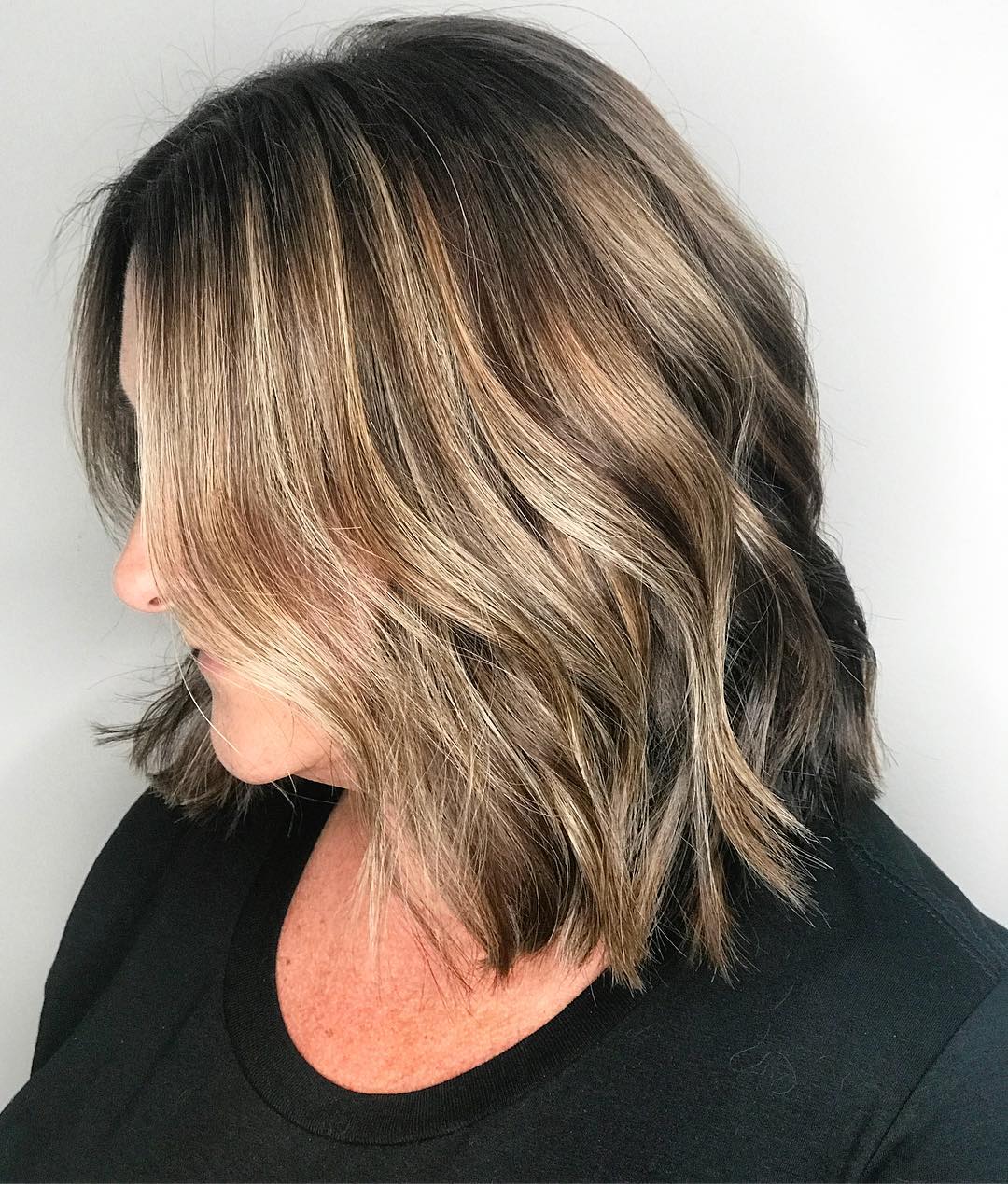 Modern Textured Lob with Subtle Caramel Balayage