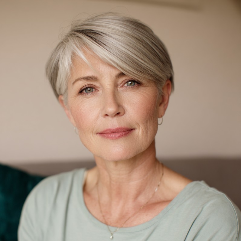 Sleek Asymmetrical Silver Pixie with Soft Side Swept Bangs