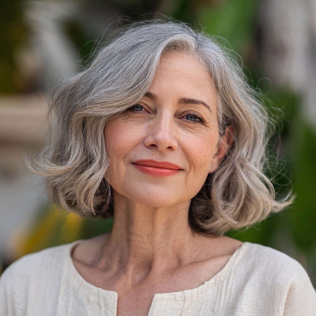 Softly Curled Gray Bob with Face-Framing Layers