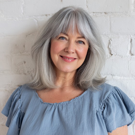 Softly Layered Grey Hair with Face-Framing Bangs