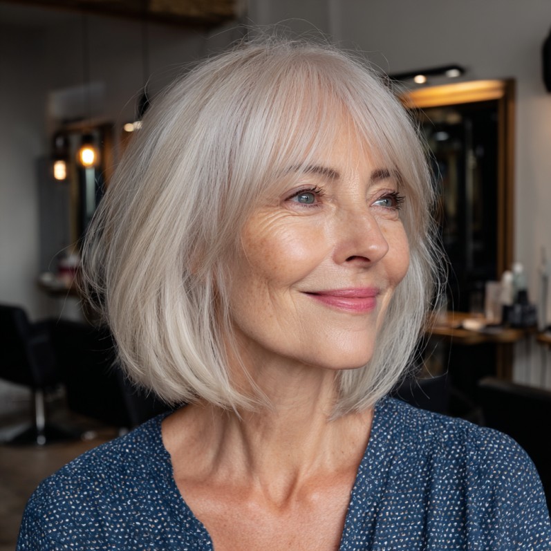 Softly Layered Light Blonde Bob with Face-Enhancing Bangs
