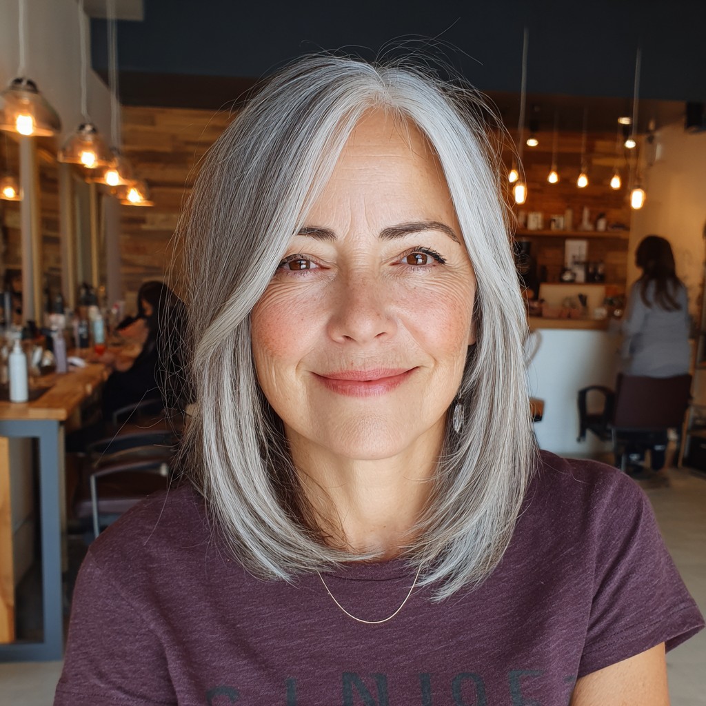 Softly Layered Silver Lob with Face-Framing Highlights