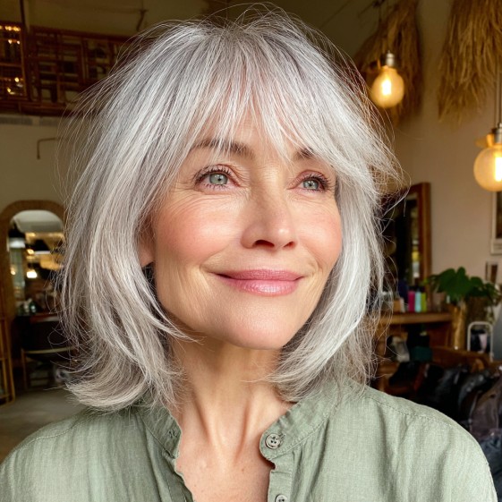 Softly Layered Silver Lob with Wispy Bangs