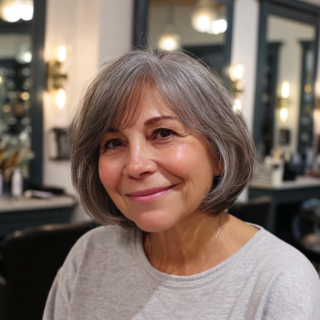 Softly Textured Gray Bob with Face-Framing Bangs