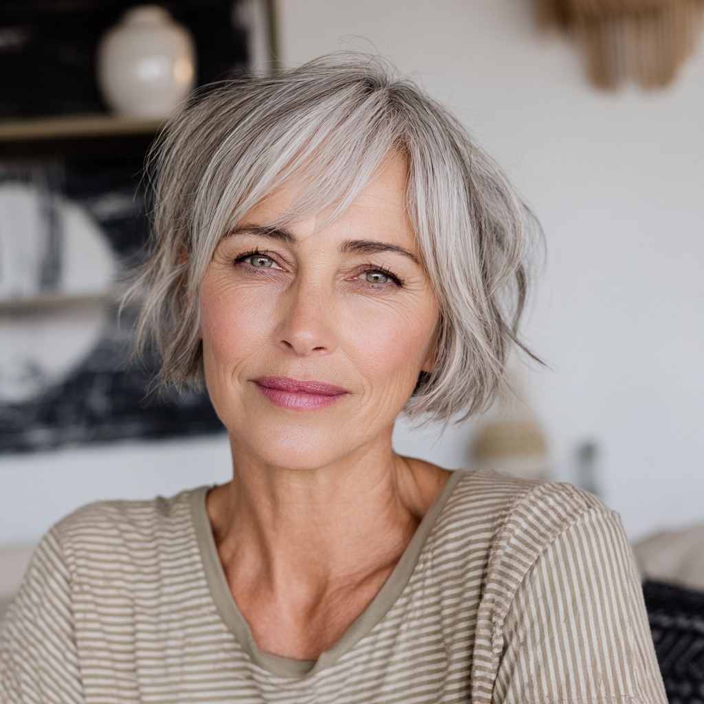 Softly Textured Silver Shag with Wispy Bangs