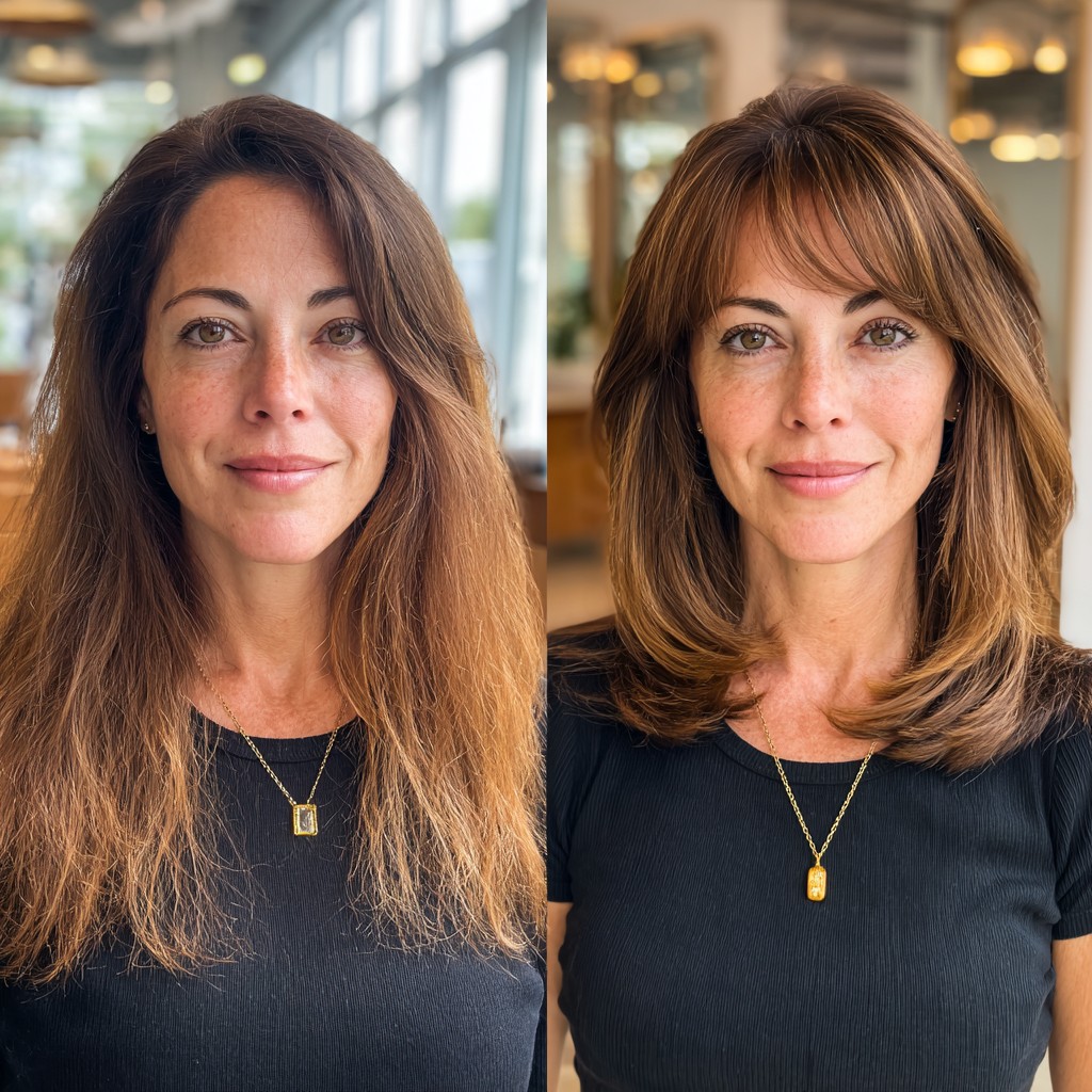 Stylish Light Brown Layered Cut with Soft Bangs