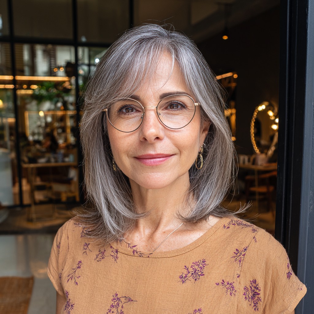 Stylish Long Silver Layers with Subtle Face-Framing Bangs