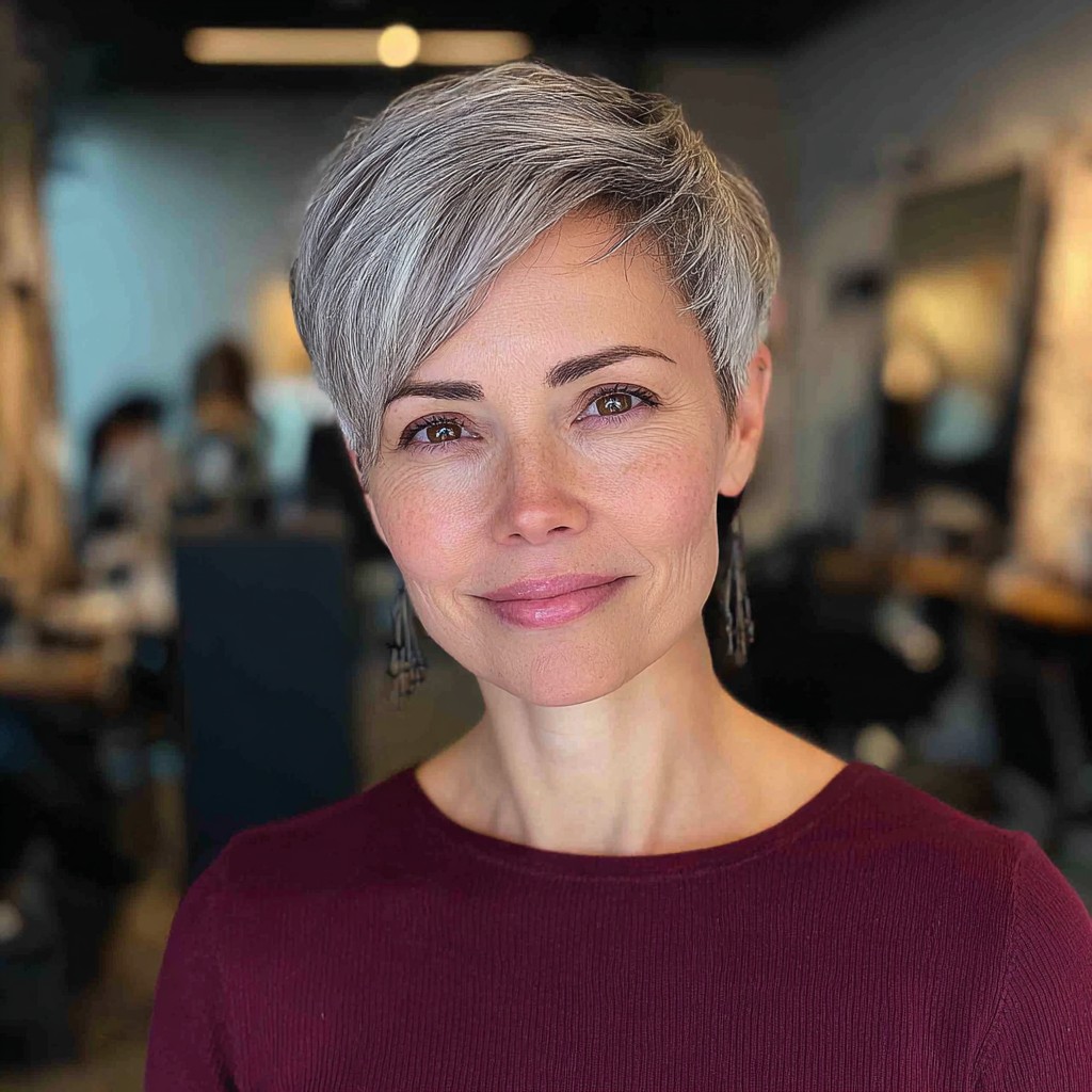 Textured Grey Pixie Cut with Side Swept Bangs