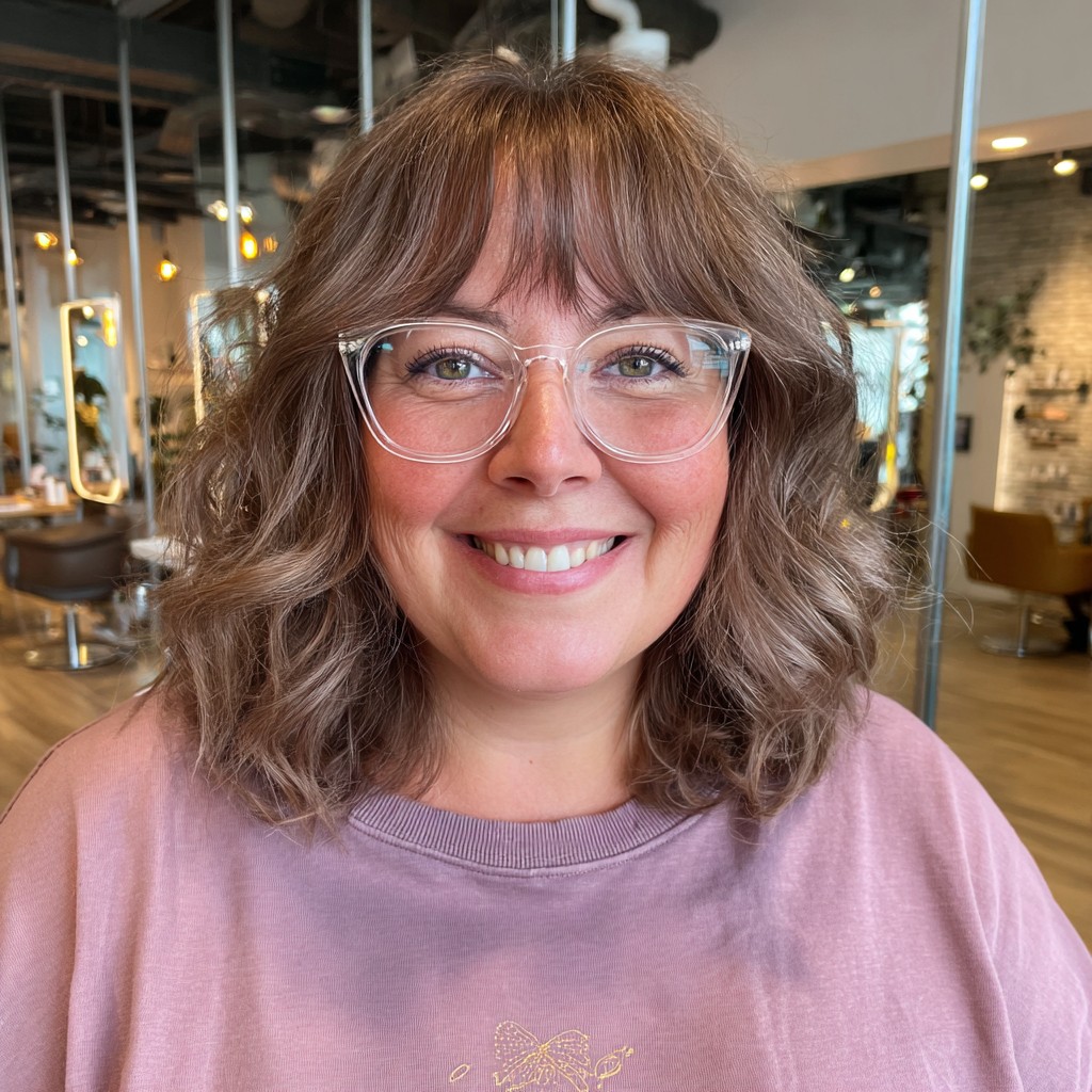 Textured Light Brown Shoulder-Length Curls with Soft Bangs
