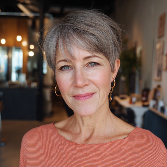 Textured Short Silver Pixie with Soft Side Swept Bangs