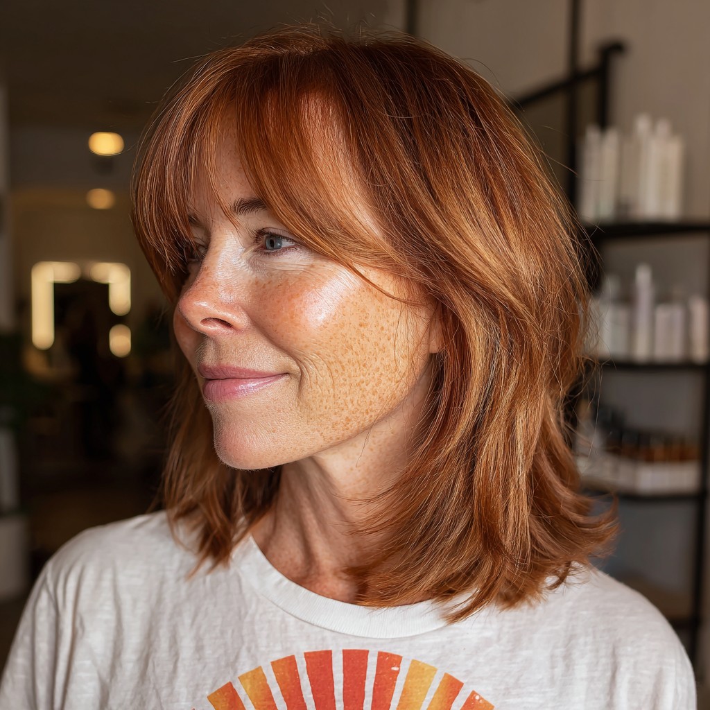 Warm Copper Lob with Soft Face-Framing Bangs