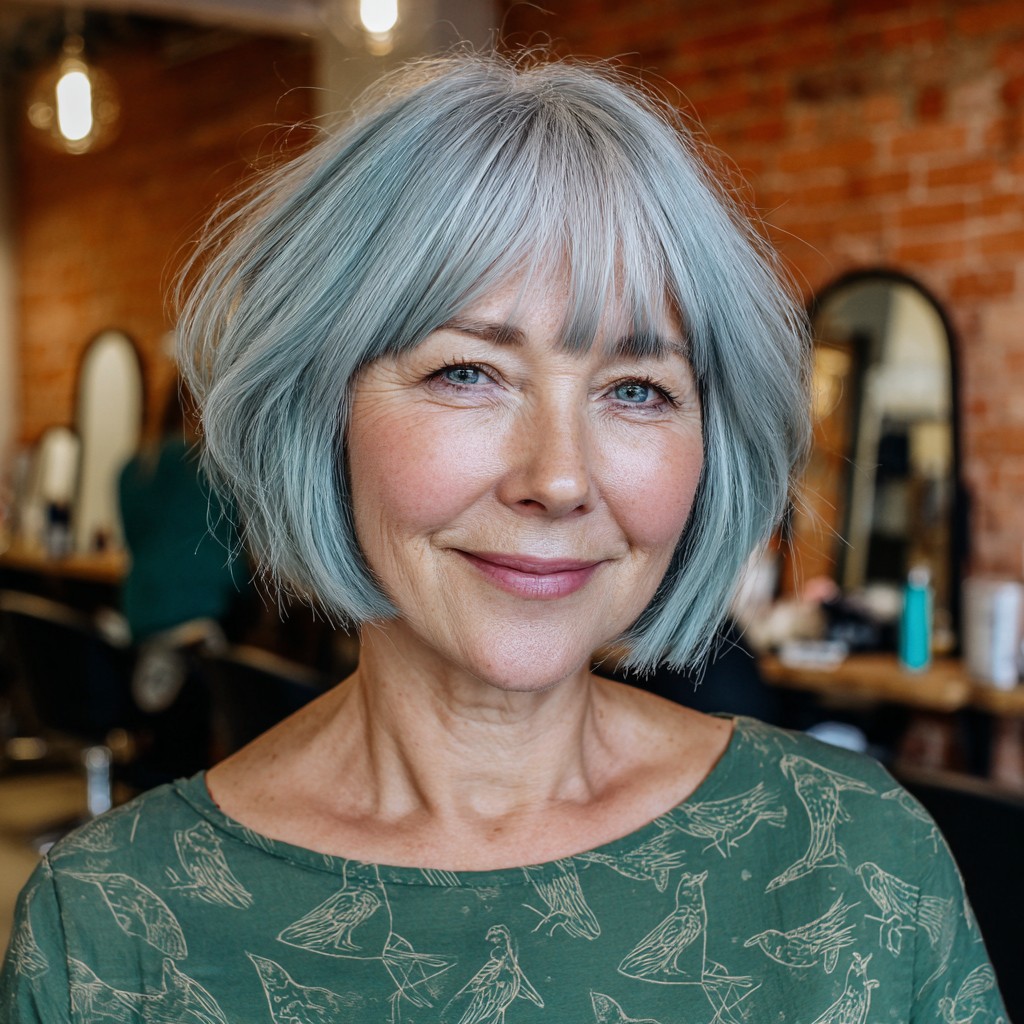 Charming Textured Bob with Subtle Aqua Tones