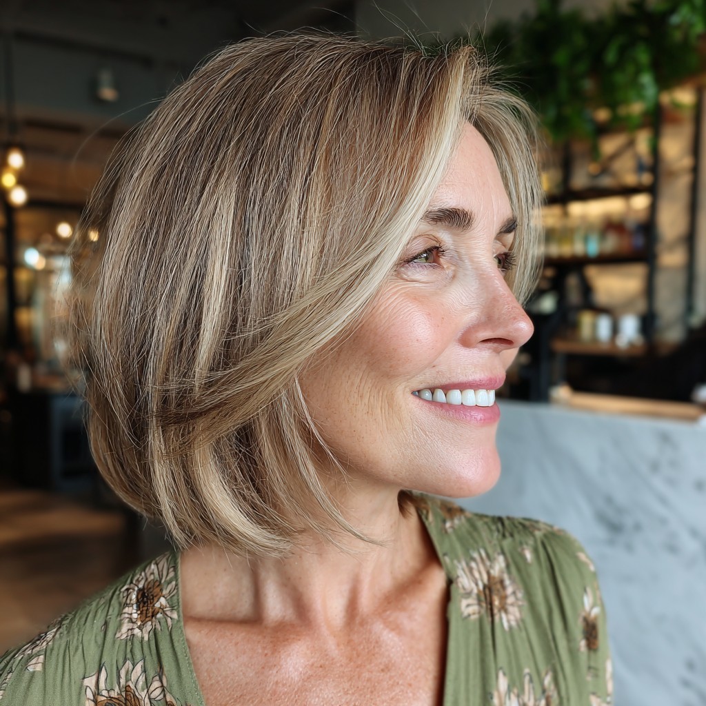 Chic Angled Lob with Soft Honey Blonde Highlights