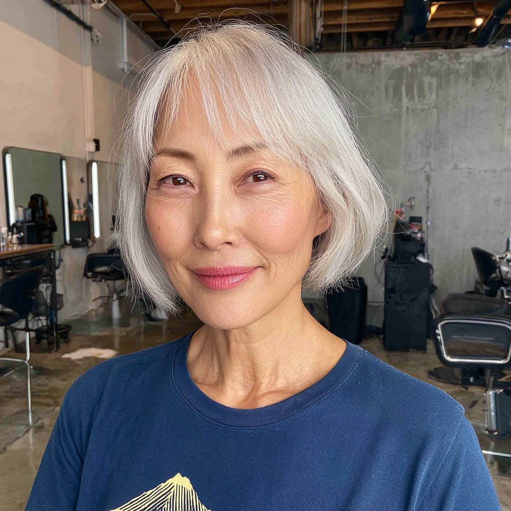Chic Silver Jaw-Length Bob with Wispy Curtain Bangs