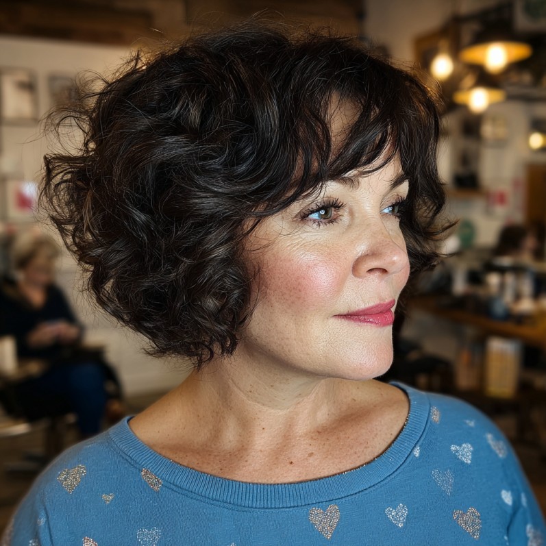 Chic Textured Curly Bob with Face-Framing Bangs