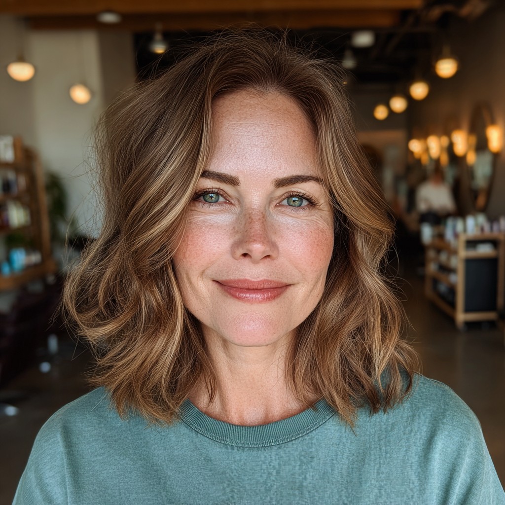 Effortlessly Layered Shoulder-Length Bob with Natural Waves