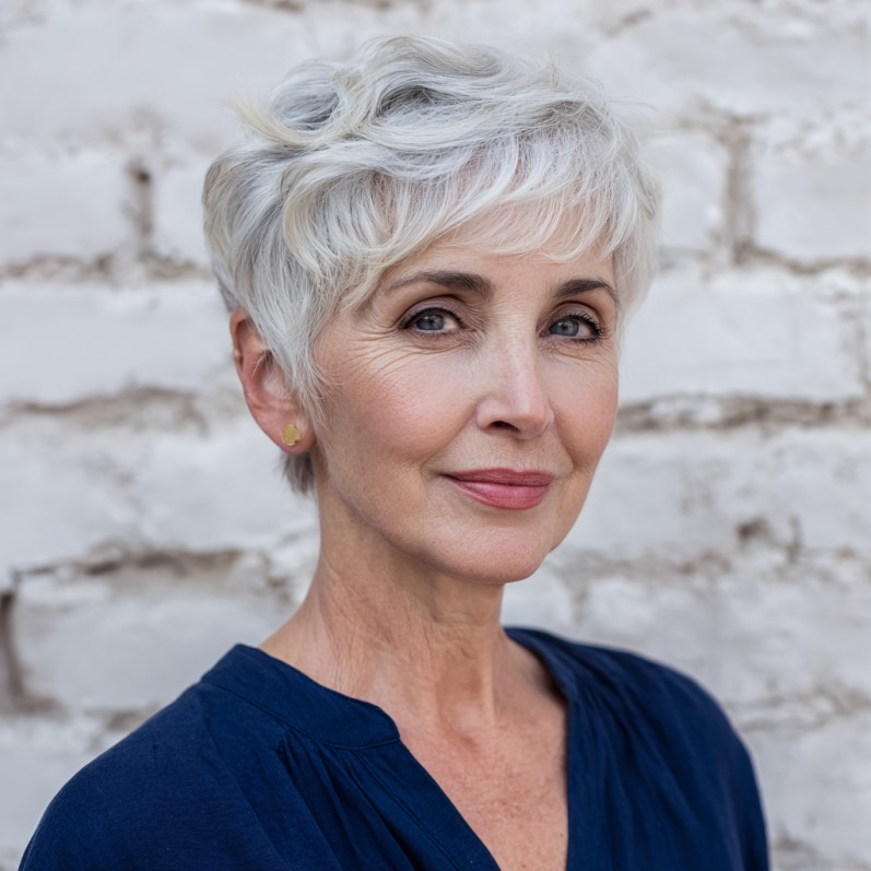 Elegant Silver Wavy Pixie with Soft Texture