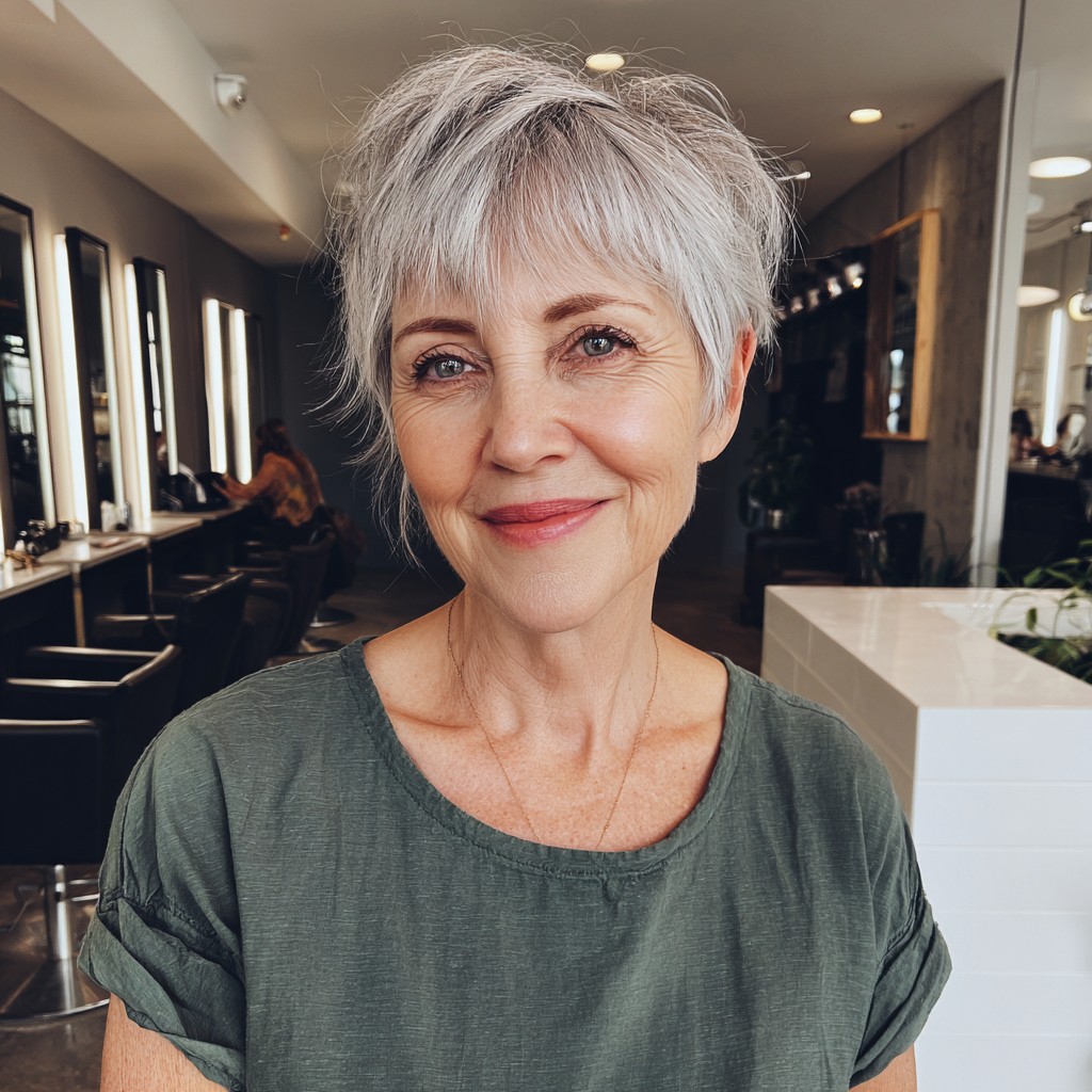 Playful Textured Silver Pixie with Feathered Layers