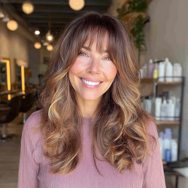 Radiant Layered Cut with Soft Bangs and Warm Highlights