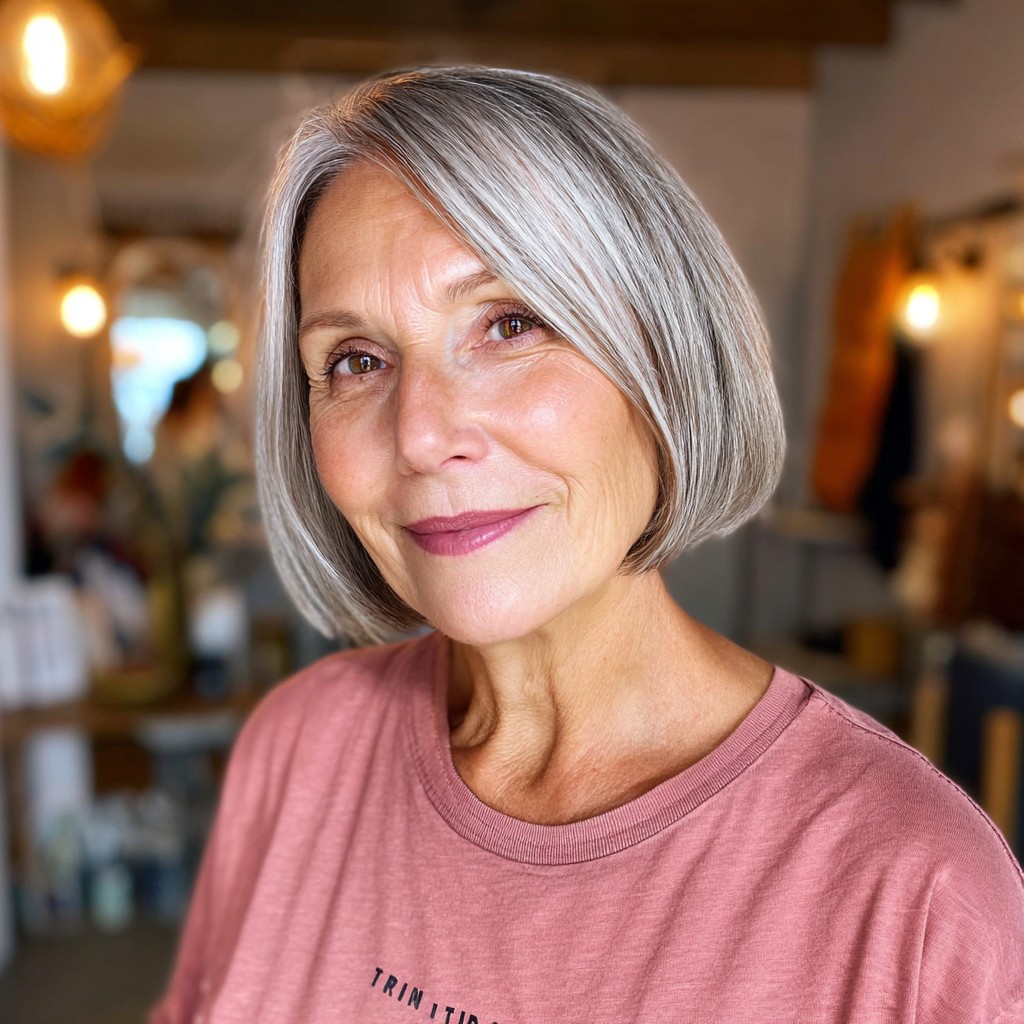Sleek Angled Bob with Subtle Silver Highlights
