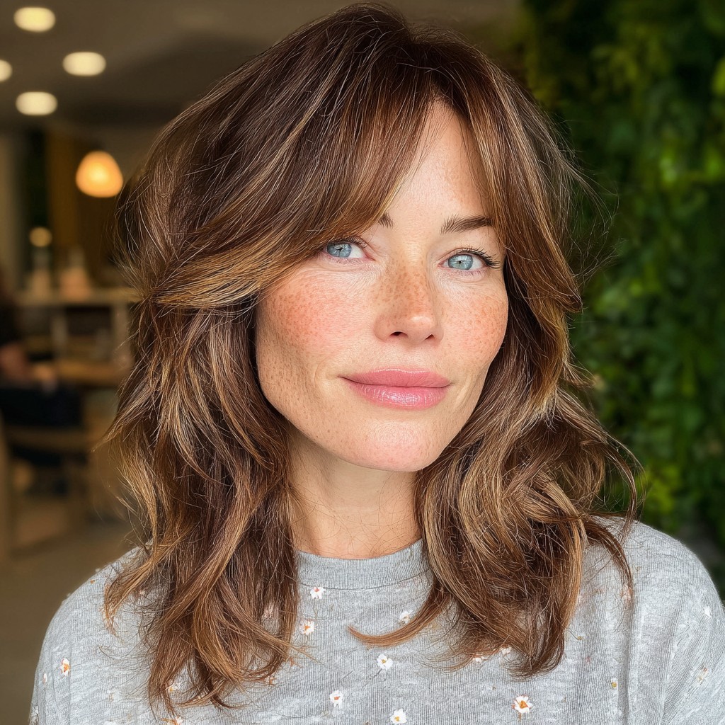 Softly Layered Brunette Waves with Face-Framing Bangs