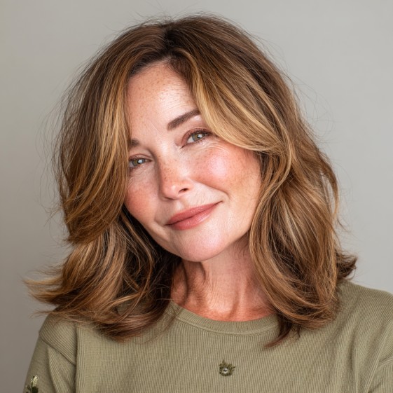 Softly Layered Long Bob with Warm Highlights