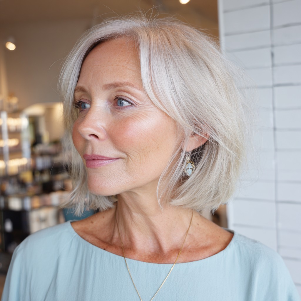 Stylish Textured Lob with Silver Blonde Highlights
