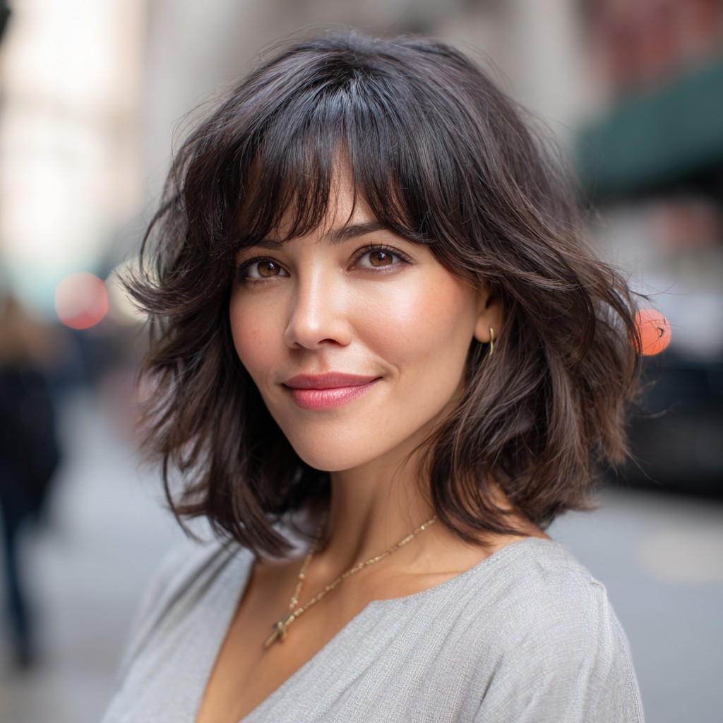 Stylish Textured Shoulder-Length Bob with Soft Bangs