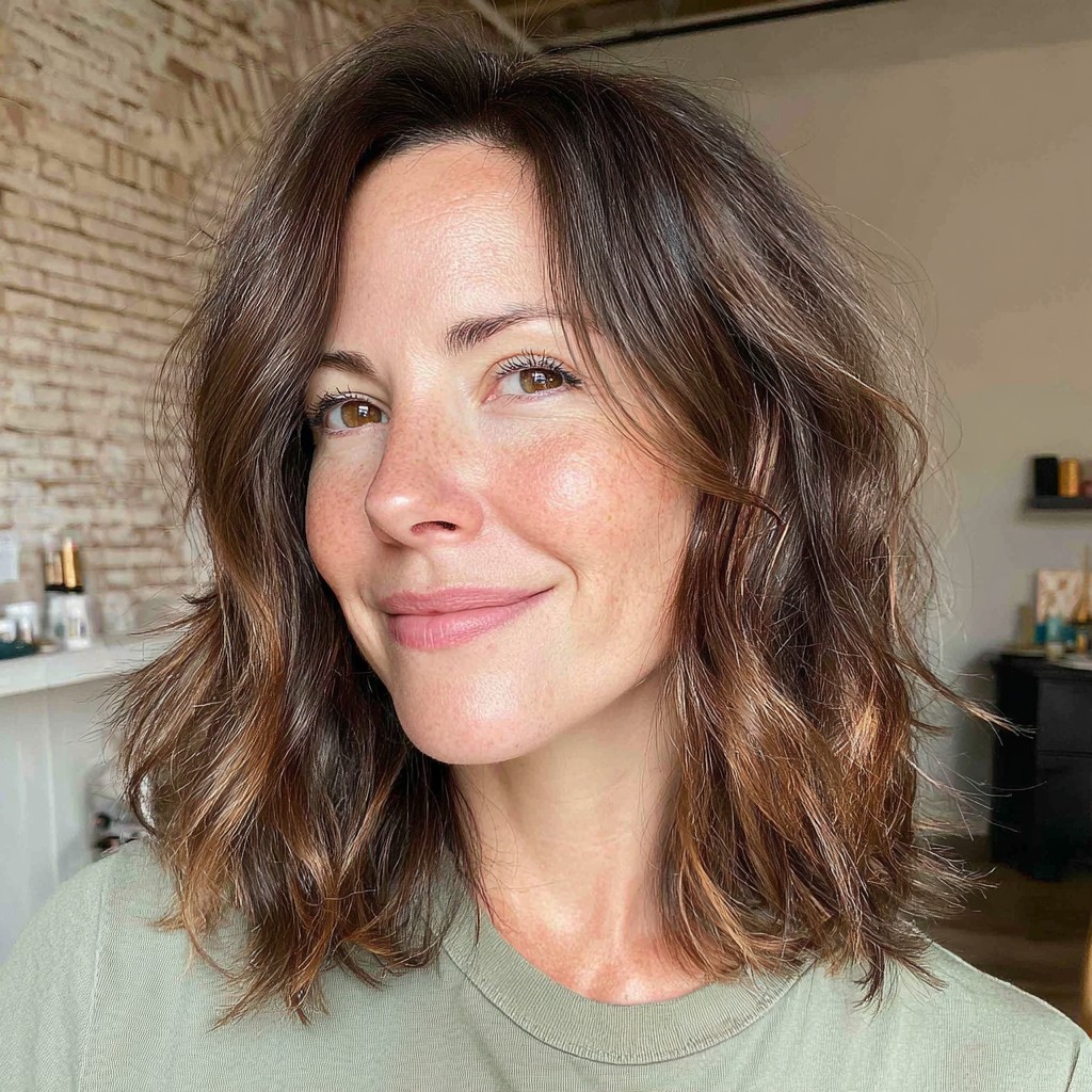 Stylish Textured Shoulder-Length Bob with Subtle Highlights
