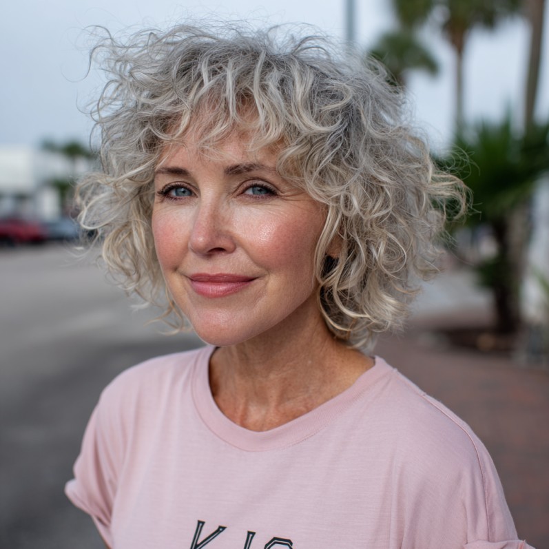 Textured Curly Shoulder-Length Cut with Soft Bangs