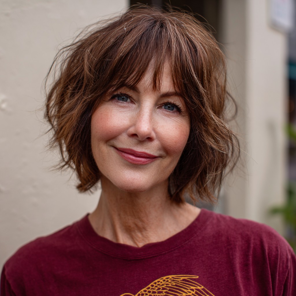 Textured Jaw-Length Bob with Playful Curtain Bangs