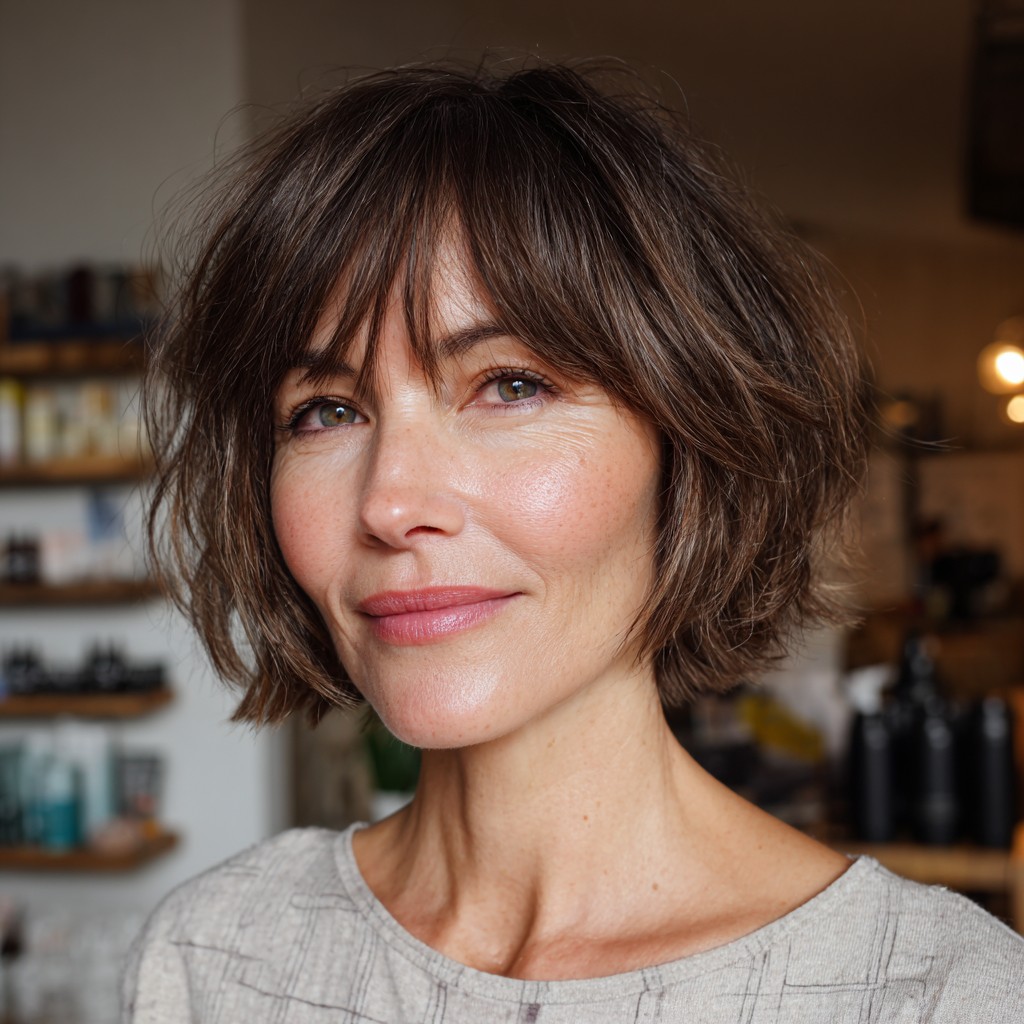 Textured Jaw-Length Bob with Wispy Curtain Bangs